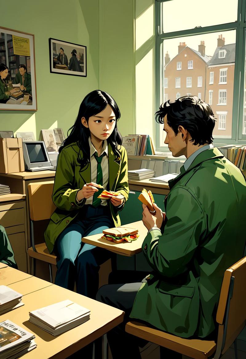 36767-3706935491-cinematic view, wide angle, an seated man with a dark green jacket  talking to a young asian lady in casual outfits and pale yel.jpg